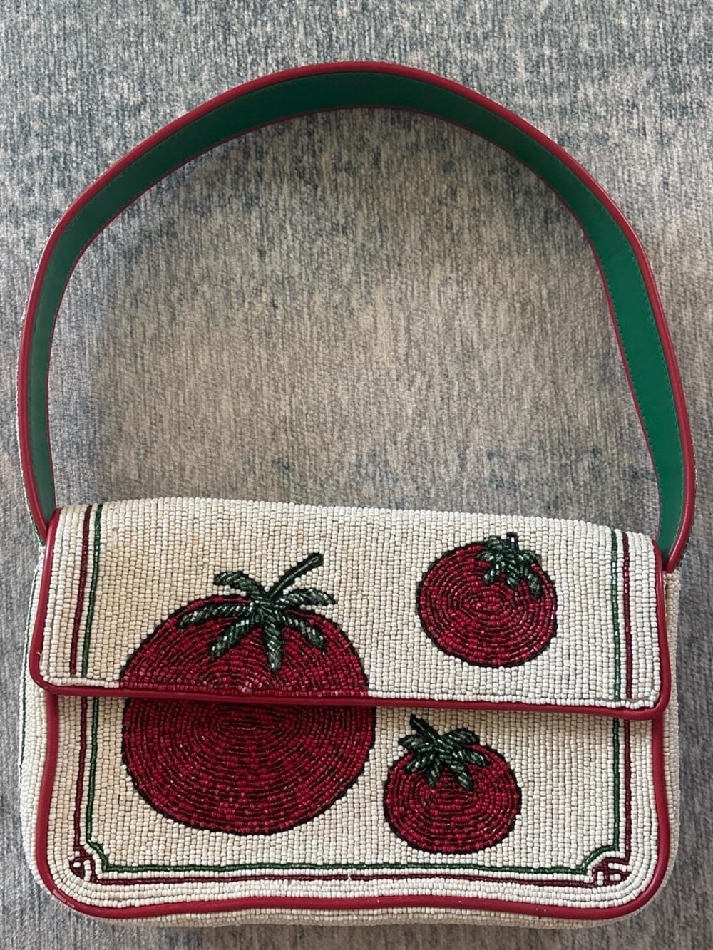 Staud Tommy Beaded Tomato Motif Shoulder Bag - Cream & Red Authentic - Picture 1 of 7